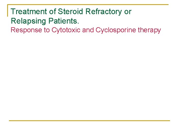 Treatment of Steroid Refractory or Relapsing Patients. Response to Cytotoxic and Cyclosporine therapy Treatment of Steroid Refractory or Relapsing Patients. Response to Cytotoxic and Cyclosporine therapy