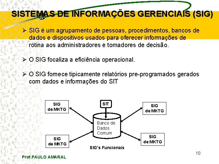 SISTEMAS DE INFORMAÇÕES GERENCIAIS (SIG) Ø SIG é um agrupamento de pessoas, procedimentos, bancos