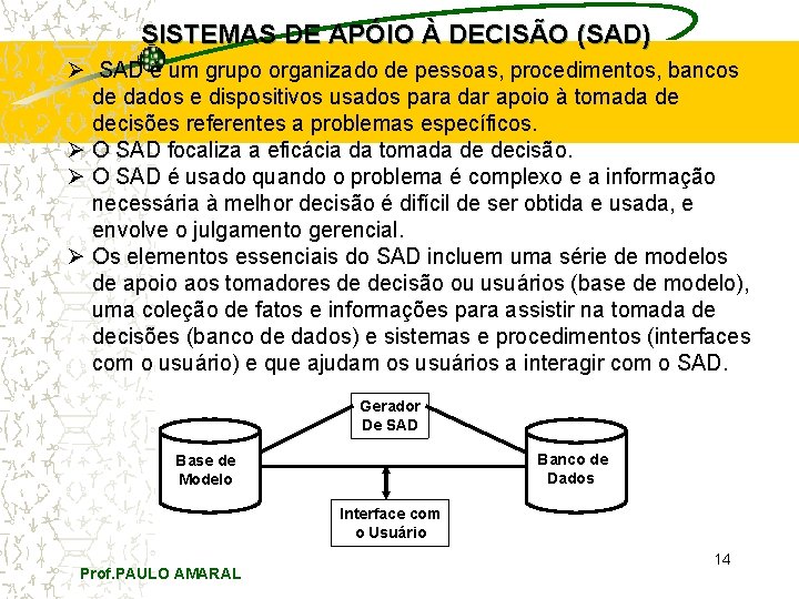 SISTEMAS DE APÓIO À DECISÃO (SAD) Ø SAD é um grupo organizado de pessoas,