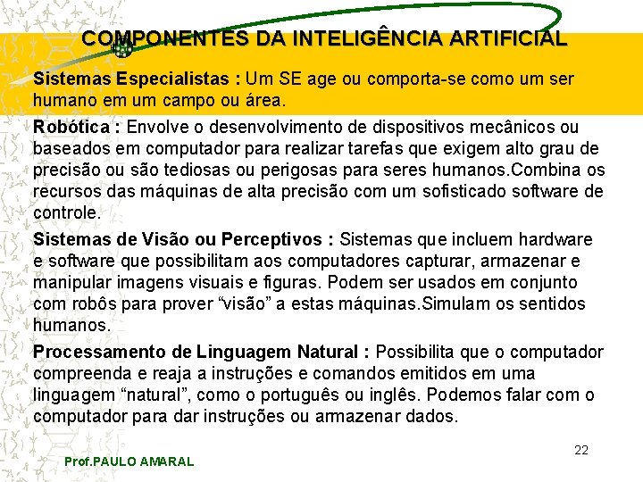 COMPONENTES DA INTELIGÊNCIA ARTIFICIAL Sistemas Especialistas : Um SE age ou comporta-se como um