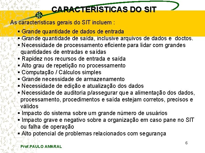 CARACTERÍSTICAS DO SIT As características gerais do SIT incluem : § Grande quantidade de