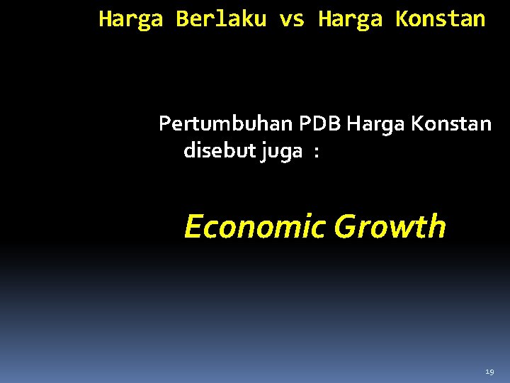 Harga Berlaku vs Harga Konstan Pertumbuhan PDB Harga Konstan disebut juga : Economic Growth