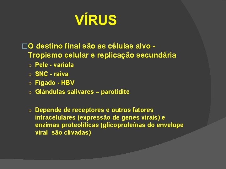 �O destino final são as células alvo - Tropismo celular e replicação secundária ○