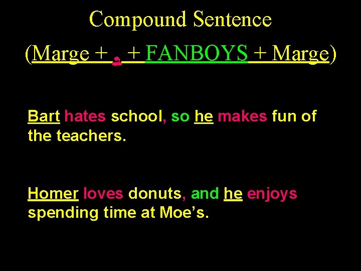 Compound Sentence , (Marge + + FANBOYS + Marge) Bart hates school, so he