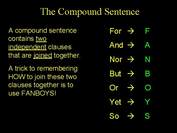 The Compound Sentence A compound sentence contains two independent clauses that are joined together.