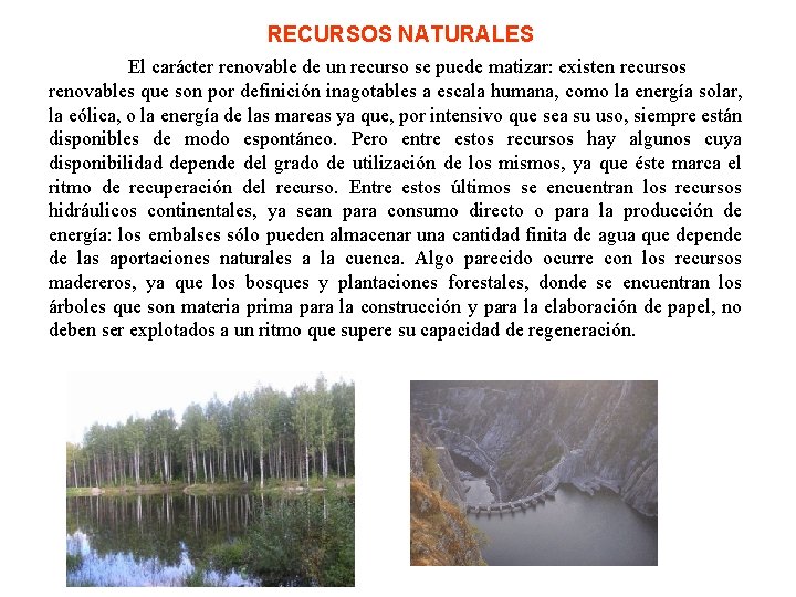 RECURSOS NATURALES El carácter renovable de un recurso se puede matizar: existen recursos renovables