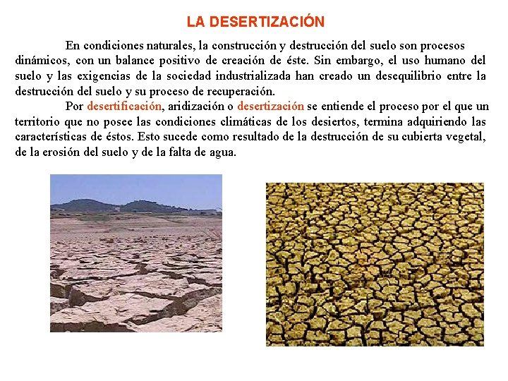 LA DESERTIZACIÓN En condiciones naturales, la construcción y destrucción del suelo son procesos dinámicos,