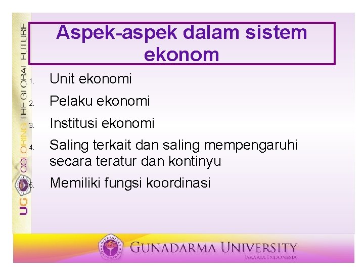 Aspek-aspek dalam sistem ekonom 1. Unit ekonomi 2. Pelaku ekonomi 3. Institusi ekonomi 4.