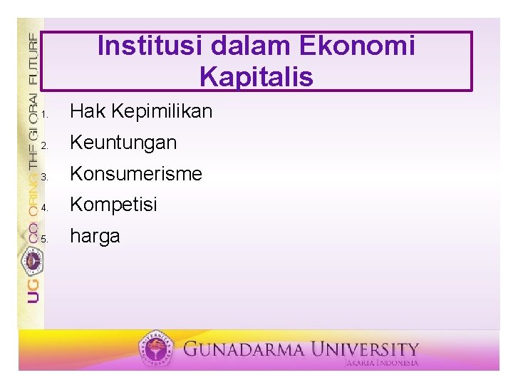 Institusi dalam Ekonomi Kapitalis 1. Hak Kepimilikan 2. Keuntungan 3. Konsumerisme 4. Kompetisi 5. Institusi dalam Ekonomi Kapitalis 1. Hak Kepimilikan 2. Keuntungan 3. Konsumerisme 4. Kompetisi 5.