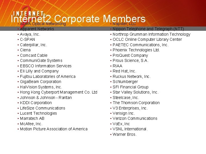 Internet 2 Corporate Members • • ADVA Optical Networking • Apparent Networks • Avaya,
