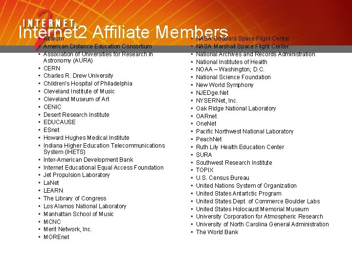 Internet 2 Affiliate Members • Altarum • American Distance Education Consortium • Association of