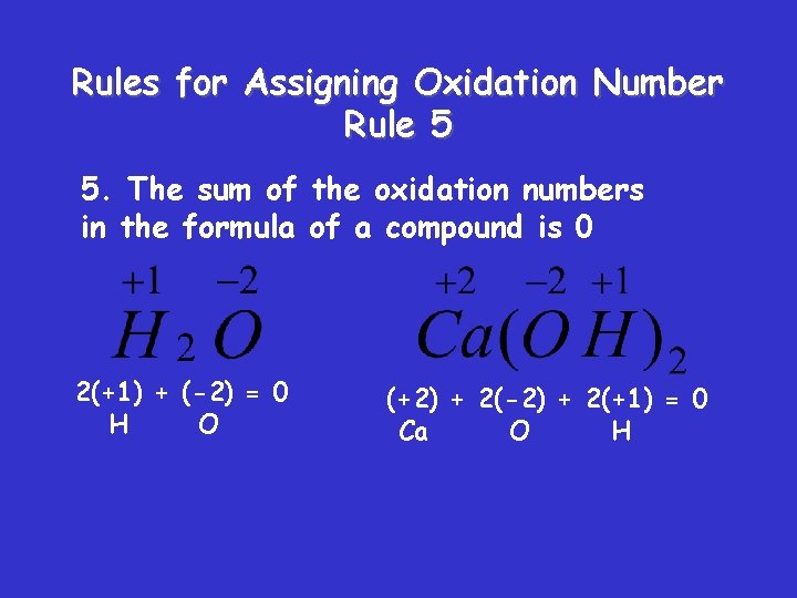 Rules for Assigning Oxidation Number Rule 5 5. The sum of the oxidation numbers