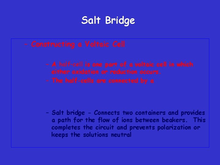 Salt Bridge – Constructing a Voltaic Cell – A half-cell is one part of