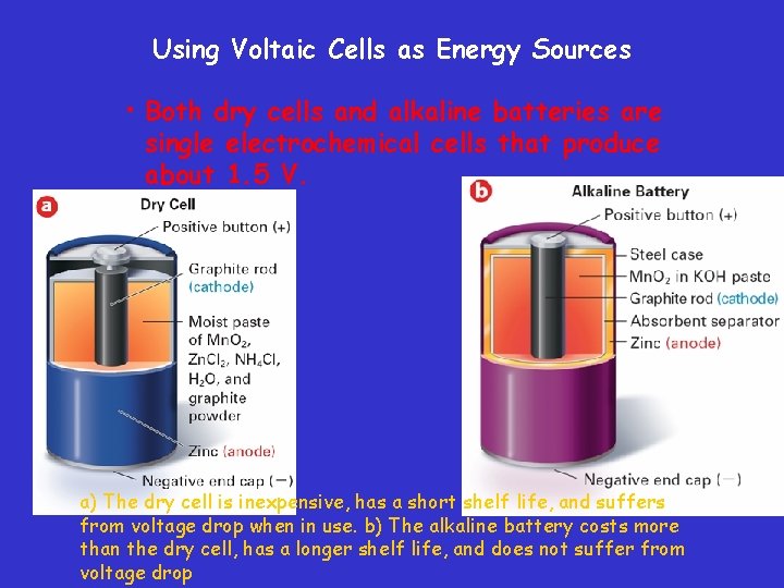 Using Voltaic Cells as Energy Sources • Both dry cells and alkaline batteries are