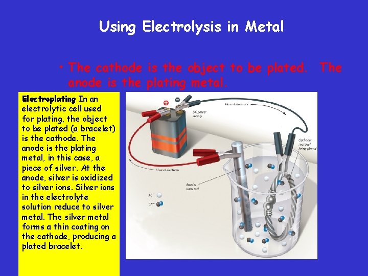 Using Electrolysis in Metal • The cathode is the object to be plated. The