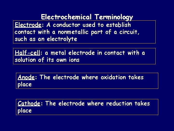 Electrochemical Terminology Electrode: A conductor used to establish contact with a nonmetallic part of