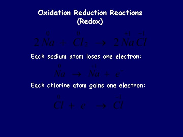 Oxidation Reduction Reactions (Redox) Each sodium atom loses one electron: Each chlorine atom gains