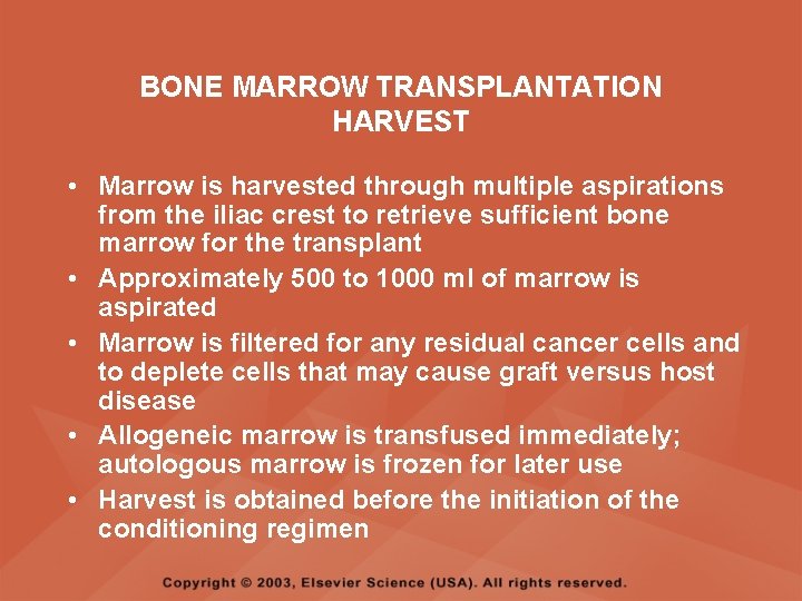 BONE MARROW TRANSPLANTATION HARVEST • Marrow is harvested through multiple aspirations from the iliac