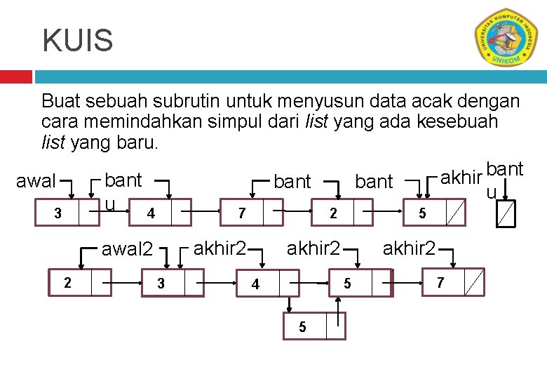 KUIS Buat sebuah subrutin untuk menyusun data acak dengan cara memindahkan simpul dari list