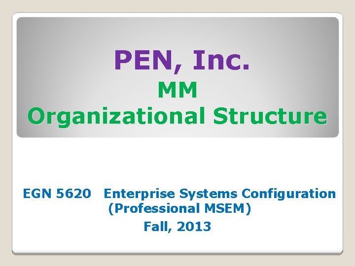 PEN, Inc. MM Organizational Structure EGN 5620 Enterprise Systems Configuration (Professional MSEM) Fall, 2013