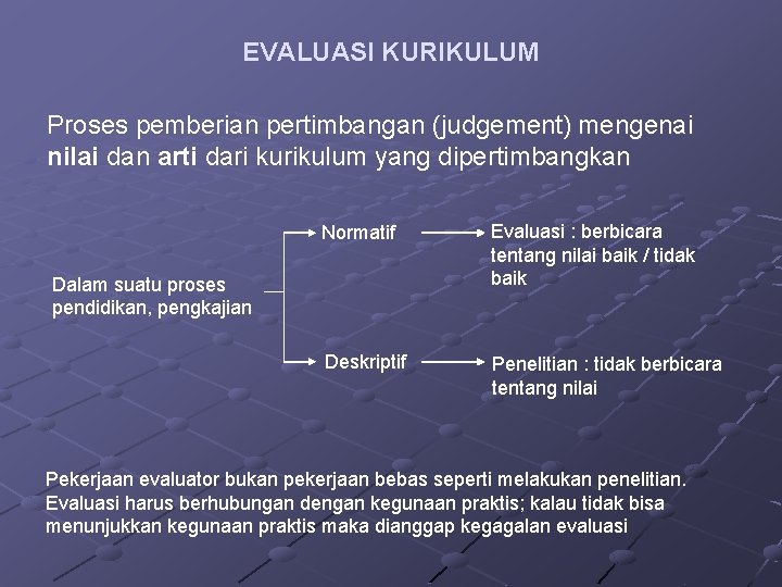 EVALUASI KURIKULUM Proses pemberian pertimbangan (judgement) mengenai nilai dan arti dari kurikulum yang dipertimbangkan
