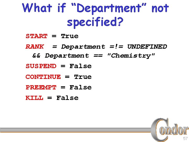 What if “Department” not specified? START = True RANK = Department =!= UNDEFINED &&