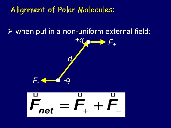 Alignment of Polar Molecules: Ø when put in a non-uniform external field: +q F+