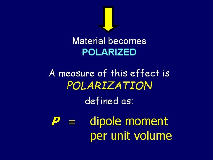 Material becomes POLARIZED A measure of this effect is POLARIZATION defined as: P dipole