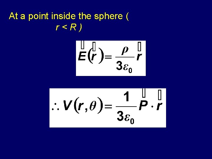 At a point inside the sphere ( r<R) 