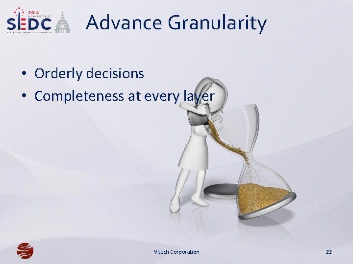 Advance Granularity • Orderly decisions • Completeness at every layer Vitech Corporation 22 