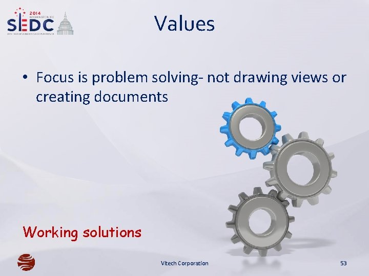 Values • Focus is problem solving- not drawing views or creating documents Working solutions