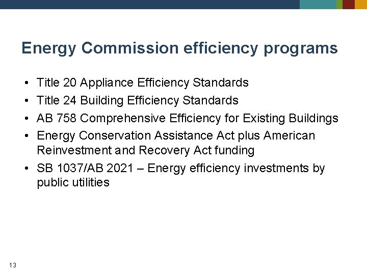 Energy Commission efficiency programs • • Title 20 Appliance Efficiency Standards Title 24 Building