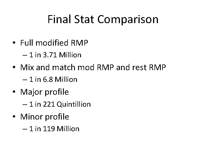 Final Stat Comparison • Full modified RMP – 1 in 3. 71 Million •