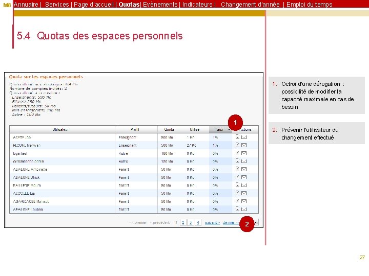 M 8 Annuaire | Services | Page d’accueil | Quotas| Evènements | Indicateurs |