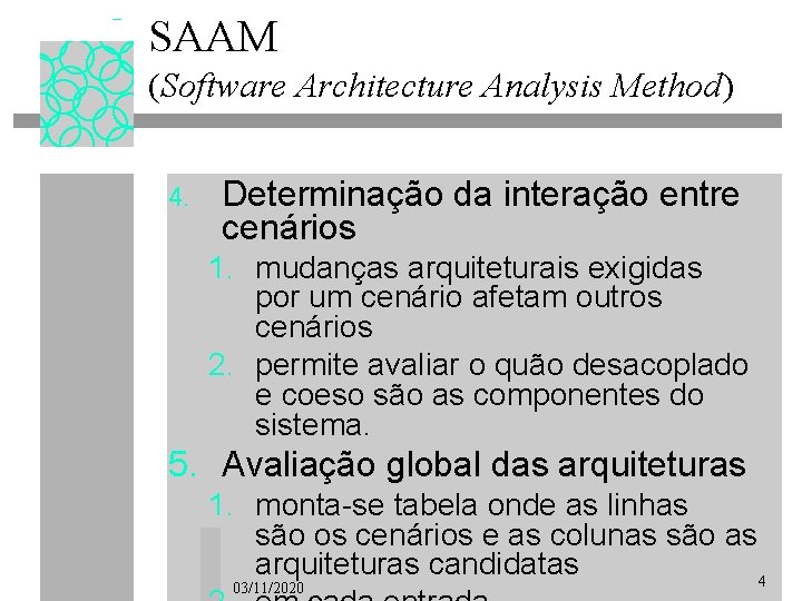 SAAM (Software Architecture Analysis Method) 4. Determinação da interação entre cenários 1. mudanças arquiteturais