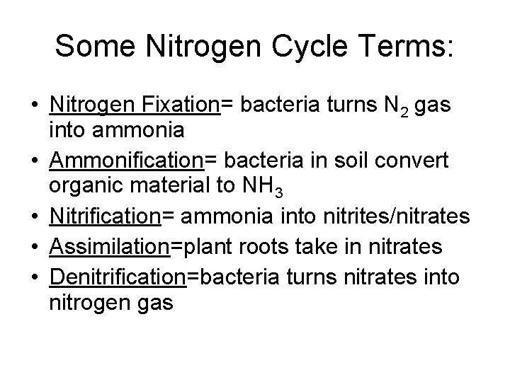 Some Nitrogen Cycle Terms: • Nitrogen Fixation= bacteria turns N 2 gas into ammonia