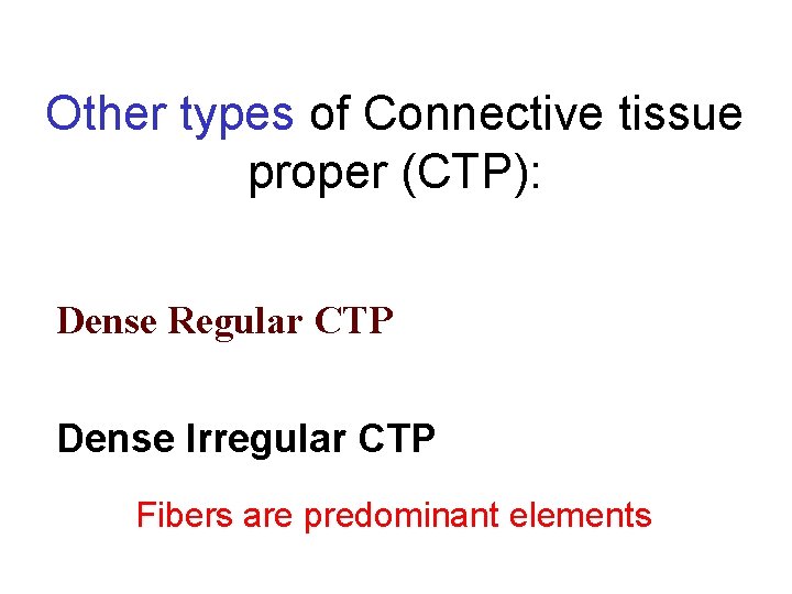 Other types of Connective tissue proper (CTP): Dense Regular CTP Dense Irregular CTP Fibers