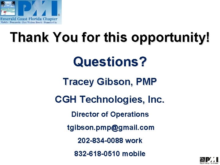 Thank You for this opportunity! Questions? Tracey Gibson, PMP CGH Technologies, Inc. Director of