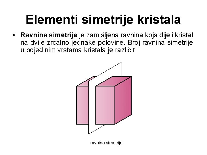 Elementi simetrije kristala • Ravnina simetrije je zamišljena ravnina koja dijeli kristal na dvije