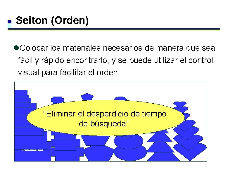 Seiton (Orden) l. Colocar los materiales necesarios de manera que sea fácil y rápido Seiton (Orden) l. Colocar los materiales necesarios de manera que sea fácil y rápido