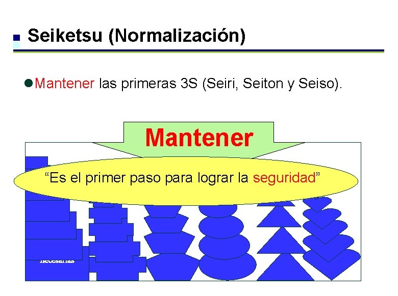 Seiketsu (Normalización) l. Mantener las primeras 3 S (Seiri, Seiton y Seiso). Mantener “Es Seiketsu (Normalización) l. Mantener las primeras 3 S (Seiri, Seiton y Seiso). Mantener “Es