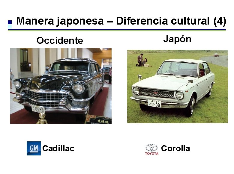 Manera japonesa – Diferencia cultural (4) Occidente Japón Cadillac Corolla Manera japonesa – Diferencia cultural (4) Occidente Japón Cadillac Corolla