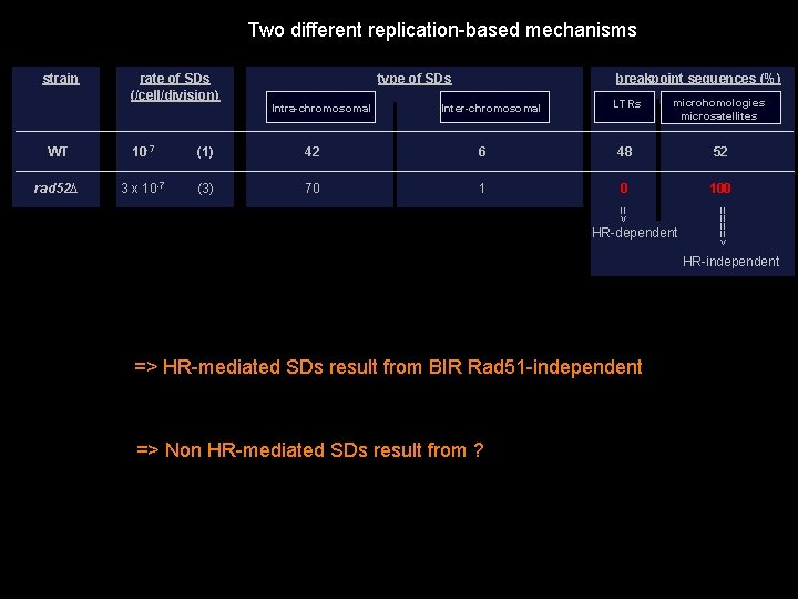 Two different replication-based mechanisms strain rate of SDs (/cell/division) type of SDs Intra-chromosomal breakpoint Two different replication-based mechanisms strain rate of SDs (/cell/division) type of SDs Intra-chromosomal breakpoint