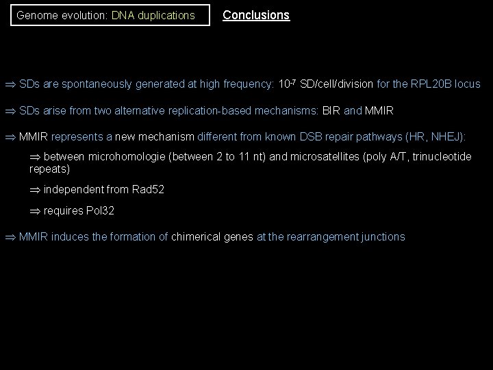 Genome evolution: DNA duplications Conclusions SDs are spontaneously generated at high frequency: 10 -7 Genome evolution: DNA duplications Conclusions SDs are spontaneously generated at high frequency: 10 -7