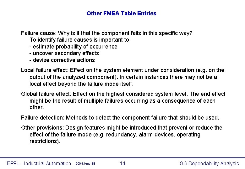Other FMEA Table Entries Failure cause: Why is it that the component fails in Other FMEA Table Entries Failure cause: Why is it that the component fails in