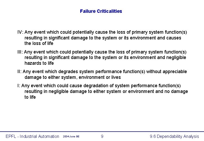 Failure Criticalities IV: Any event which could potentially cause the loss of primary system