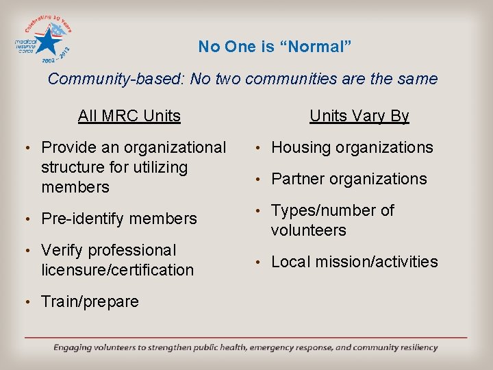 No One is “Normal” Community-based: No two communities are the same All MRC Units