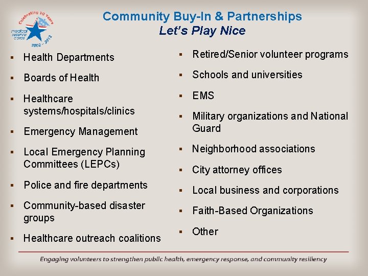 Community Buy-In & Partnerships Let’s Play Nice § Health Departments § Retired/Senior volunteer programs