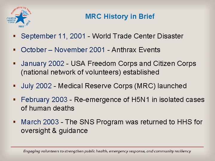 MRC History in Brief § September 11, 2001 - World Trade Center Disaster §