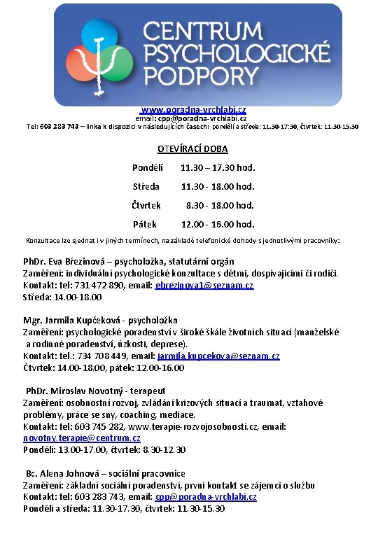 CENTRUM PSYCHOLOGICKÉ PODPORY, z. s. IČ: 03359344 Sídlo: Dolní Branná 266; Provozovna: Pražská 1248,